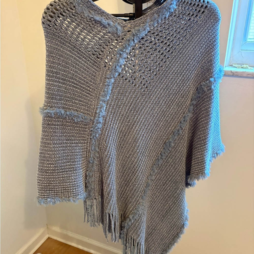 Natural Life Chenille Poncho Scarf Blue  Fringed Women's Sweater OS